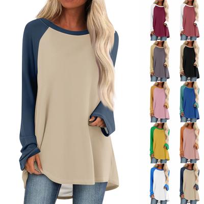 Modischer, lockerer, mittellanger Pullover mit Rundhalsausschnitt und bedruckten Raglanärmeln für Damen, lässiges Langarmoberteil
