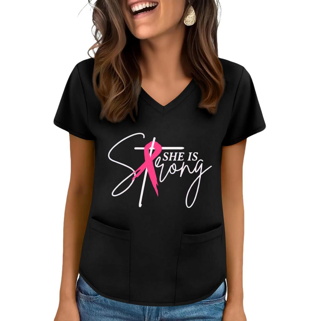 Women's V-Neck Short-Sleeve Pocketed Top With Side Slit