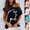 Casual γυναικείο μπλουζάκι O Neck Cats με στάμπα κοντομάνικη φαρδιά μπλούζα