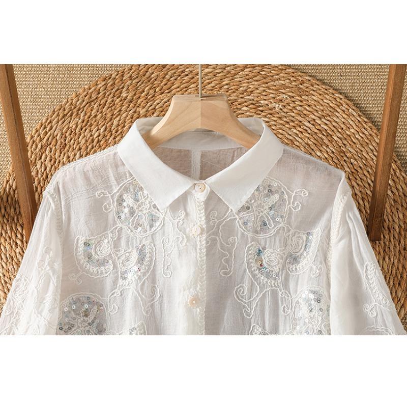 DIMANAF 2026 Women Blouse Plus Size New Autumn Shirt Long Sleeve Embroidery Lace Floral Casual Loose Thin Lady Tops Shirts Beading