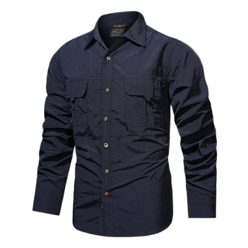 Mens Lightweight Quick-Dry Work Shirt With Multiple Pockets Loose Fit Cotton Long Sleeve Outdoor Casual