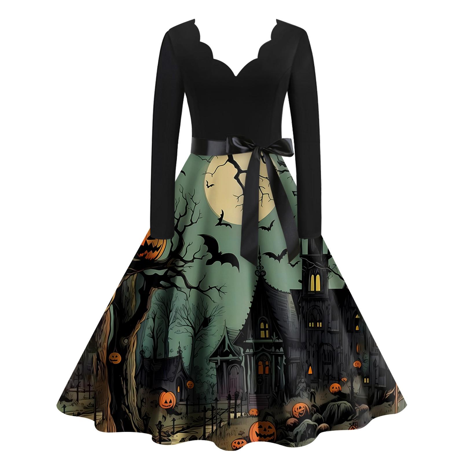 Хэллоуин Женское Повседневное Модное Платье с V-образным Вырезом и Принтом В Винтажном — фото 3