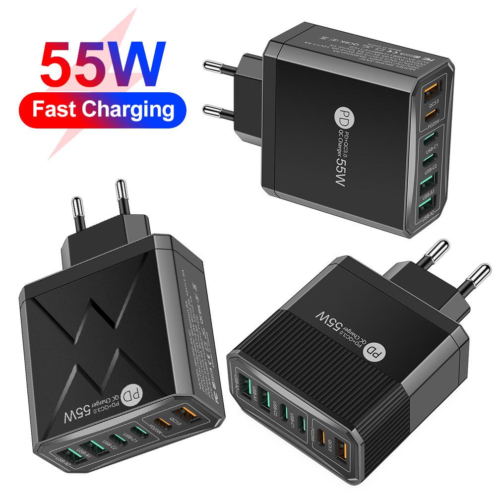 55W QC 3.0 Six-Port Fast Mobile Charger with PD, USB Ports, EU/US/UK Compatibility