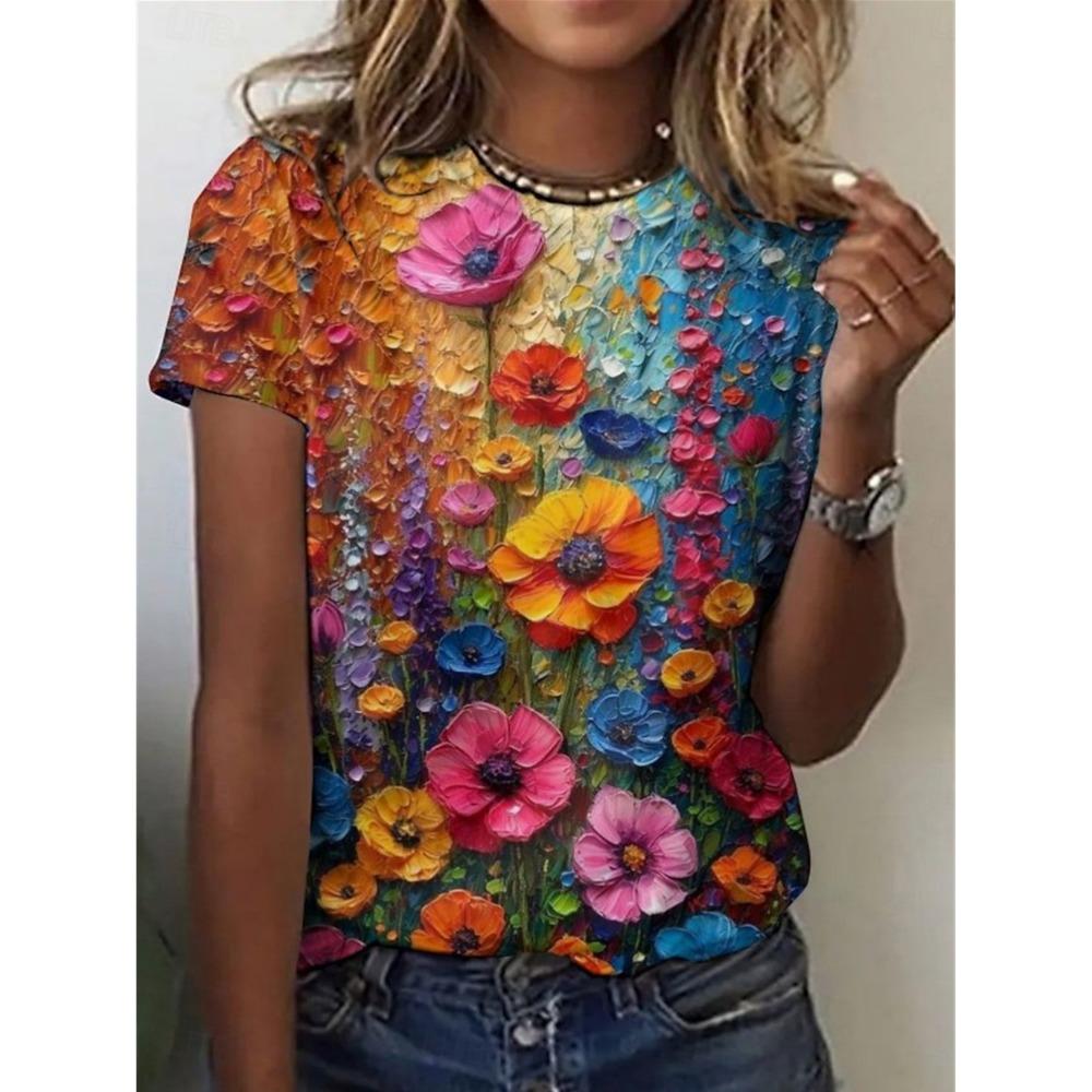 

3D flower print women s pattern short sleeved shirt XL