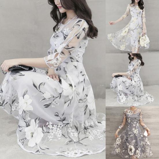Women O Neck 3/4 Mesh Sleeve Floral Print Large Swing Double Layer Midi Dress