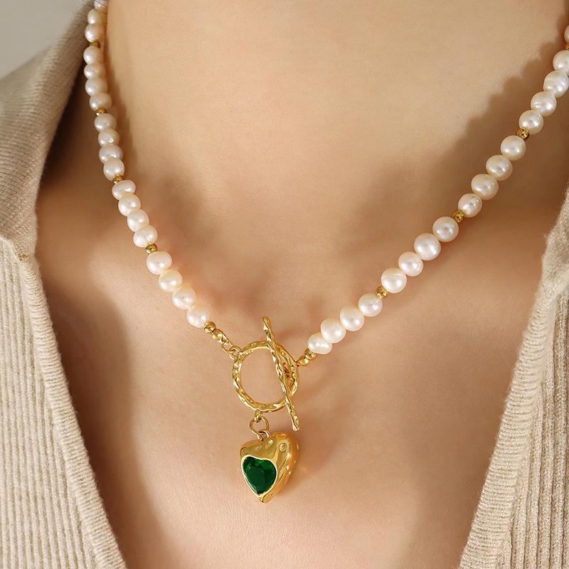 Heart-Shaped Zircon Pendant Necklace with Freshwater Pearl Chain