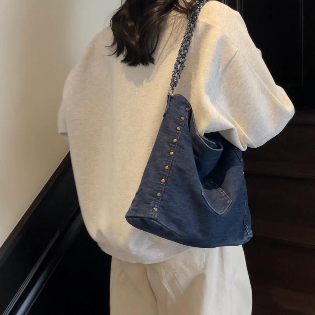 Vintage Denim Tote Bag Große Kapazität Schultertasche Damen Kette Umhängetasche