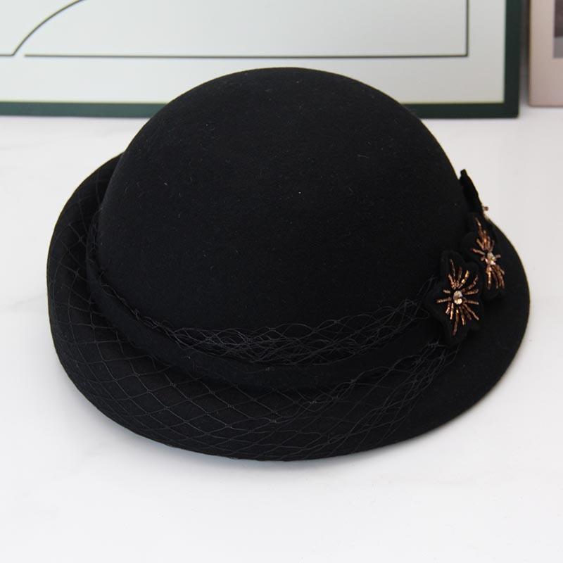 French elegant woolen top hat women's autumn and winter mesh yarn three beads flower crimped pot hat retro domed felt hat
