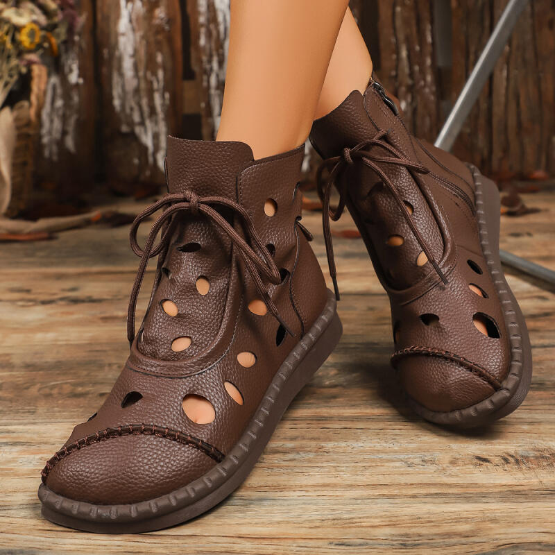 Fashion Vintage Breathable Hollowed Out Ankle Boots Women 2025 Autumn Retro Low Heel Solid Brown Boots Comfort Soft Sole Mom's Shoes