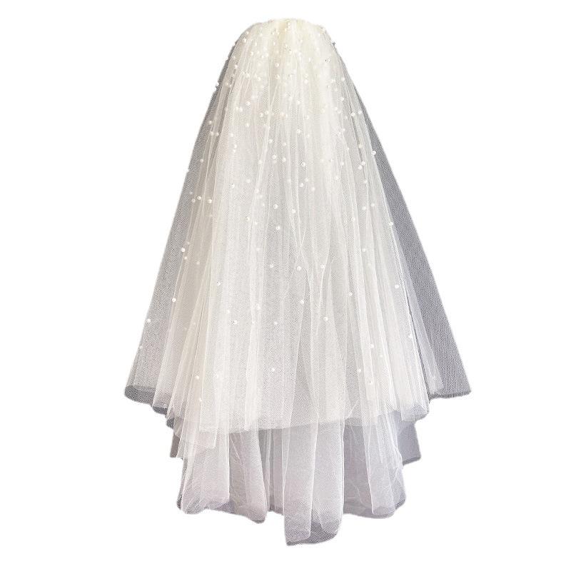 2022 French Style White Beaded Bridal Veil & Mid-Length Wedding Dress
