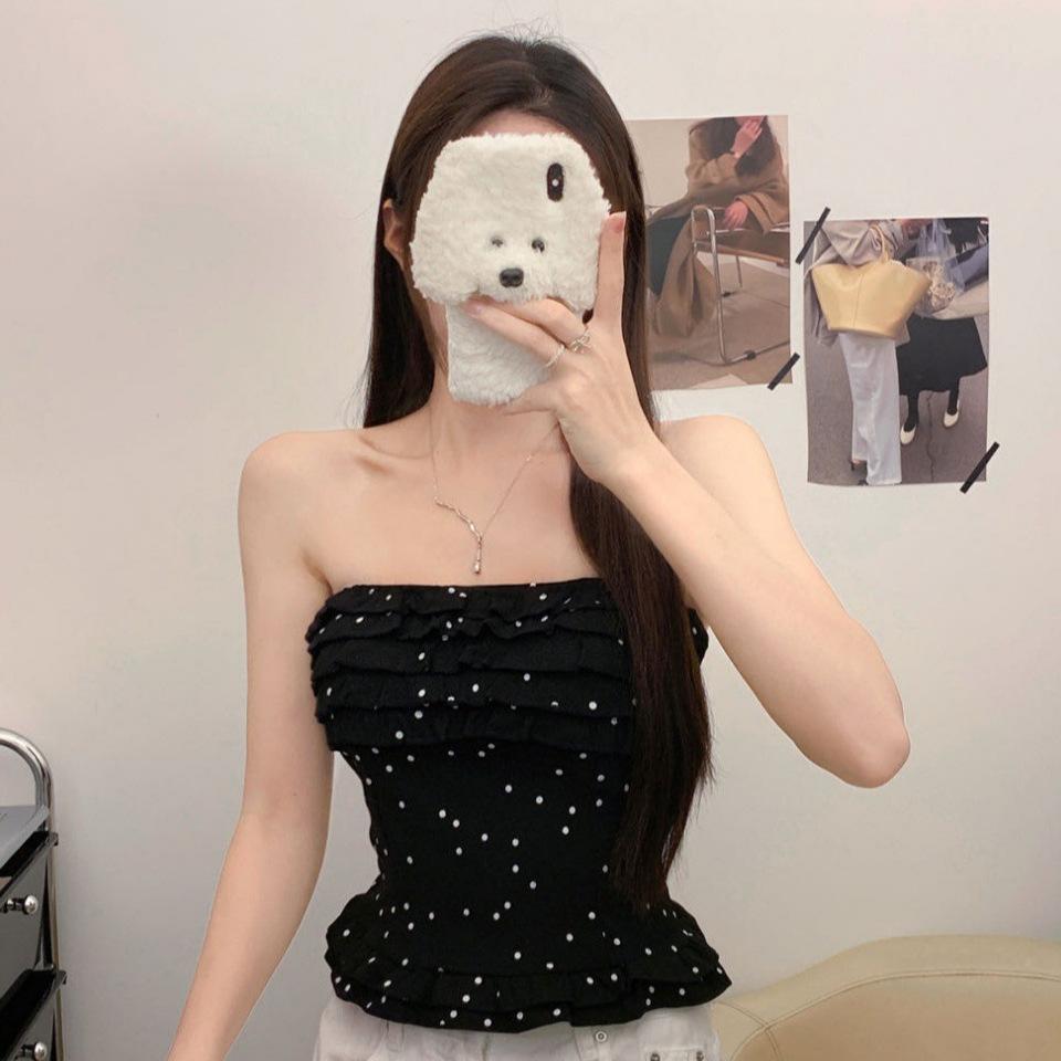 #Summer New Sweet and Spicy Polka Dot Printing Tube Top Slim and Thin Women's One-piece Top with Chest Pad