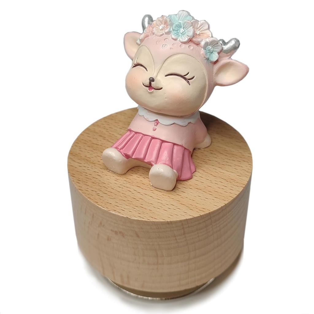 falado Mini Wooden Animal Rotary Music Box with Cute Deer Ornament (Tune “You Are My Sunshine”), Beige