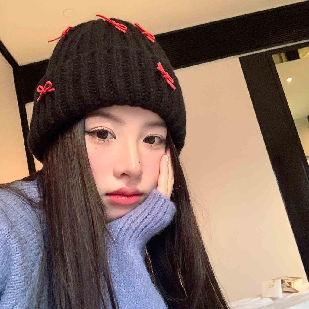 Autumn and winter students warm wool hat elastic pullover knitted hat sweet cute bow cold hat woman
