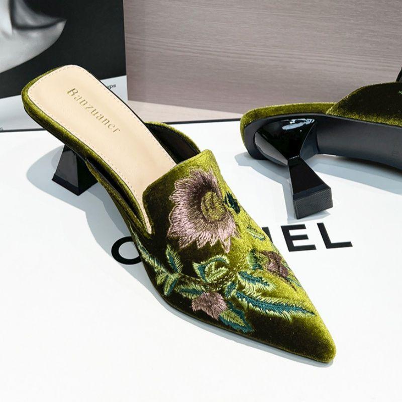Embroidered Flower Bag Head Half Slippers Summer New Pointed High-heeled Cheongsam Temperament Slippers Women's Summer Outer Wear