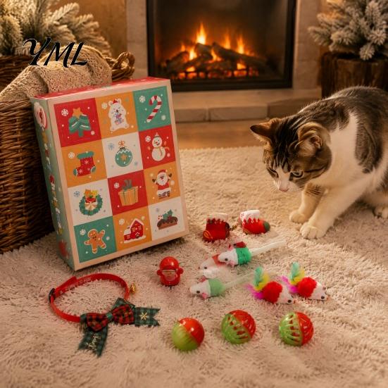 Christmas Cat Activity Set Advent Calendar 2026, 12 Days Toys Countdown Holiday Box for Pets with Interactive Mice, Balls, Plush Toys, Gifts