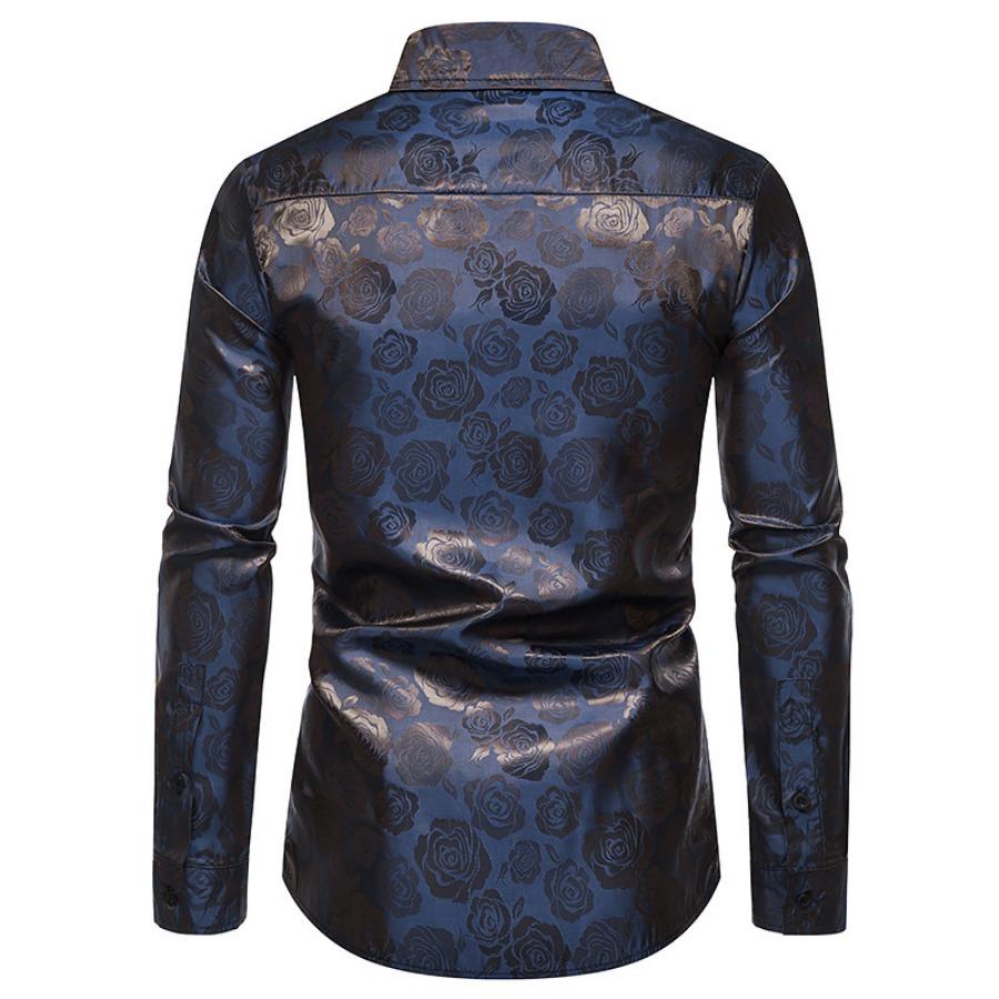 Men's Long Sleeve Fashionable Shirt Rose Print Casual Button Shirts Men Lapel Spring Formal Clothing