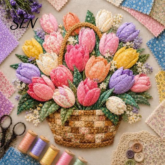 Kreativní víkendové hobby projekty Košík s květinami Patchwork DIY sada, Vrstvené látkové květiny Řemesla Texturované květinové umění 3D šicí projekt pro dospělé,