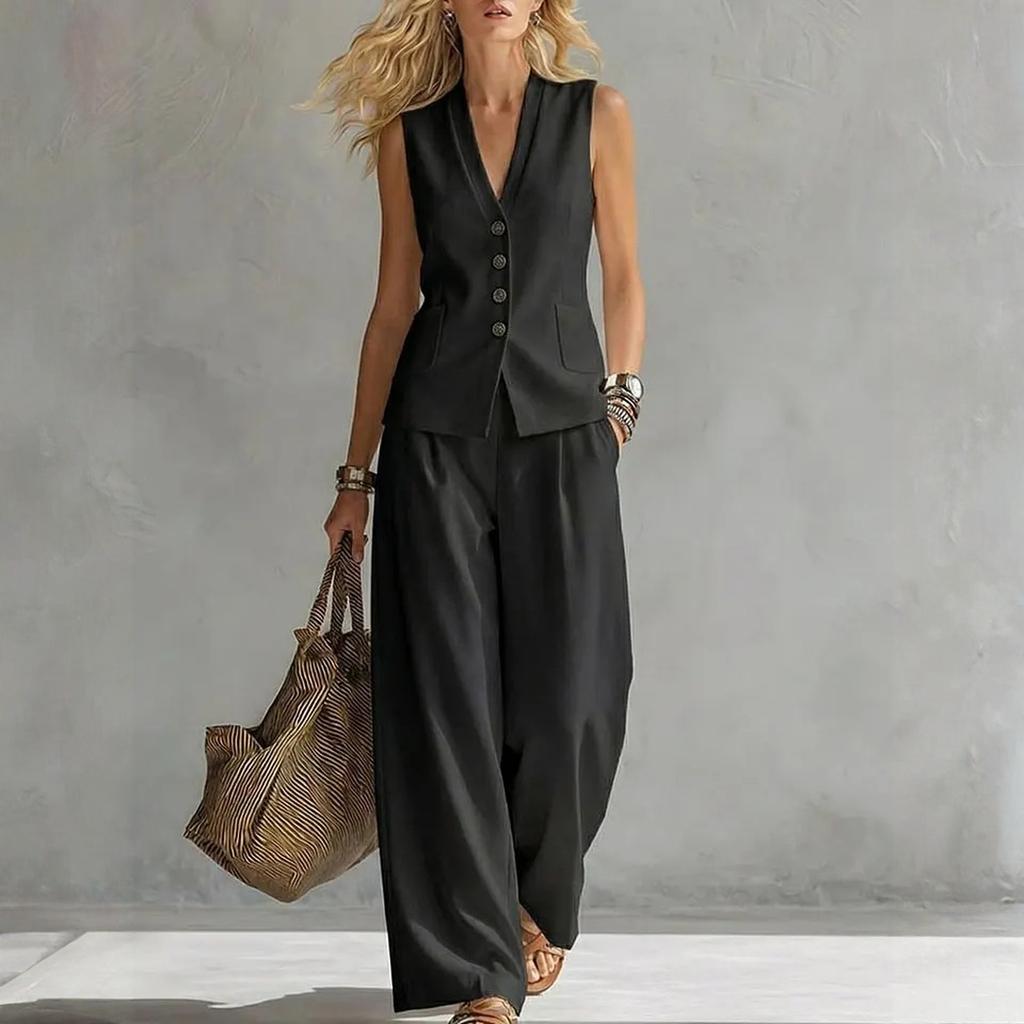 Women's Sleeveless Linen Vest and Wide Leg Pants Set Casual Summer Outfit Lightweight Breathable Fabric Relaxed Fit Two Piece