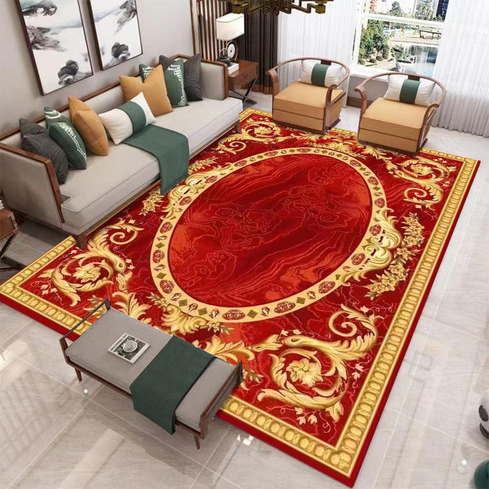 Red Gold Vintage Carpet Rug Luxury European Style Floral Pattern Non-Slip Durable Home Decoration Living Room Bedroom Floor Mat