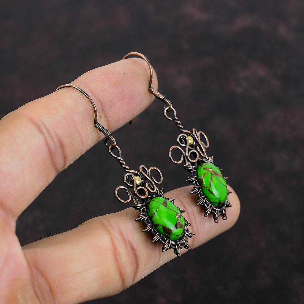 Copper Green Turquoise Earring Copper Wire Wrapped Earrings Beautiful Gemstone Jewelry Handmade Earring Anniversary Gift Copper Wire Jewelry