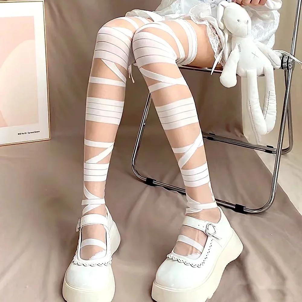 Ultrathin Women Spicy Girl Bandage Stripe Long Stockings Female Japanese Lolita Jk Y2k Sexy Summer Cross Tube White Stockings