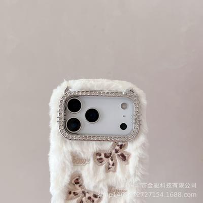 Ins Estampa de Leopardo Laço Maçã 17 Capa de Telefone Fofa 15 Compatível com iPhone 16 Pro Strass KT Moldura Pônei
