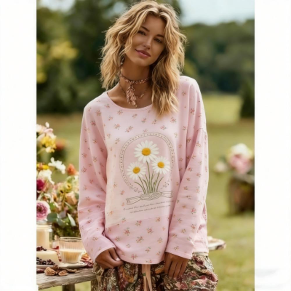 Spring Europe America Rose Flower Print Women's Tees Tops Fashion Street Women Long Sleeve Clothing Outdoor Casual T-shirt Pullover