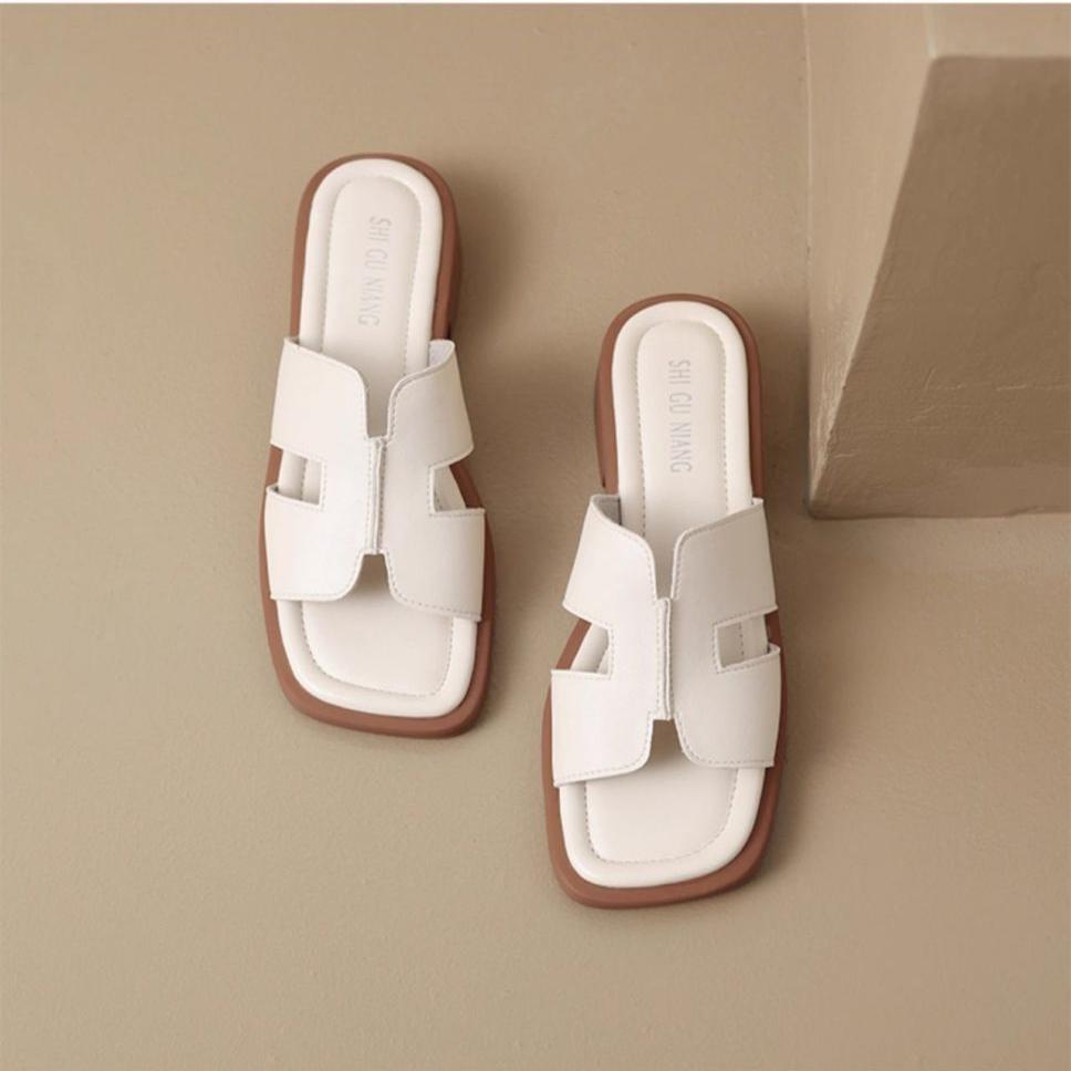 Summer Soft Leather Women's Shoes Low Heel Square Toe Roman Retro Brown French Women's Sandals with Exposed Toes