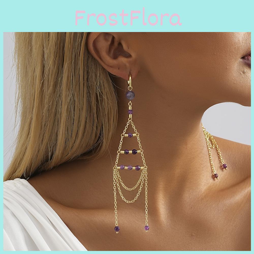 Elegant Geometric Gold Plated Purple Crystal Chain Dangle Earrings For Women