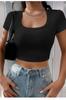 Frauen Mode Neue Bluse Weibliche Schwarz Halbe Hülse Gerade Kragen Crop Top Bluse
