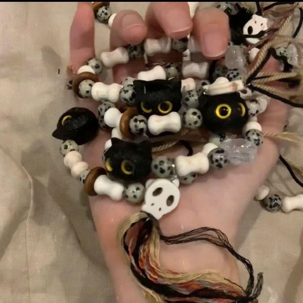 Skull Cat Handmade Bead Bracelet Ceramics Bead Cartoon Hand Ring Vintage Black Cat Bracelet  Women