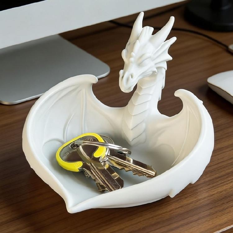 Jewelry Storage Dish with Dragon Design, White Plate for Earrings and Small Items On Desk, Shelf and Dresser Top for Home Display Use