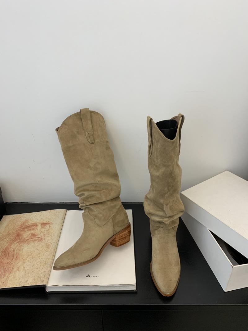 

Длинные рыцарские сапоги на толстом каблуке с плиссировкой женская обувь 2025 новая осень-зима западные тонкие длинные сапоги 39 хаки