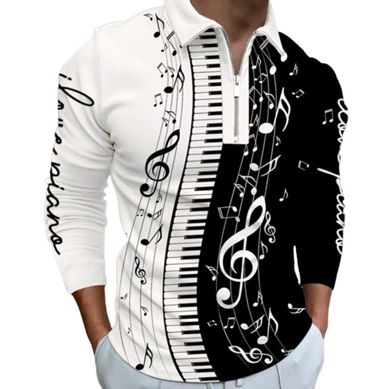 

Рубашки поло Мужская мода с длинным рукавом Черная нота Принт Новая мужская рубашка поло с длинным рукавом Футболка на молнии Топ