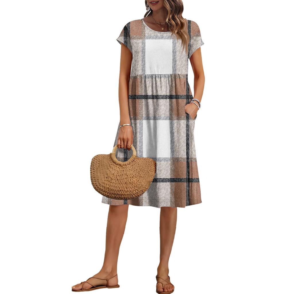 Women's Summer Fashion Casual Round Neck Short Sleeve Plaid Print Dress