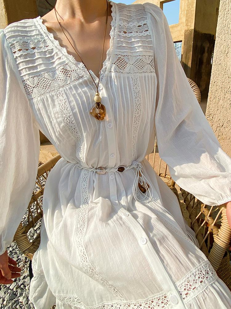 Southern France Long Sleeve White Shirt Dress - Women's Spring/Summer French Style