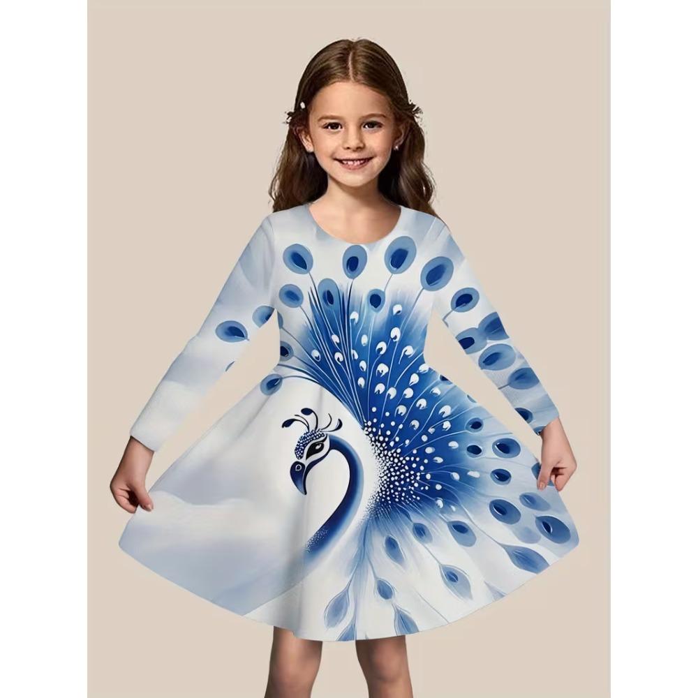 Girls' 3D Blue Peacock Dress Long Sleeve Summer Spring Vacation Daily Holiday Princess Beautiful Sweet Kids 4-12 Years Casual Dress A Line Dress