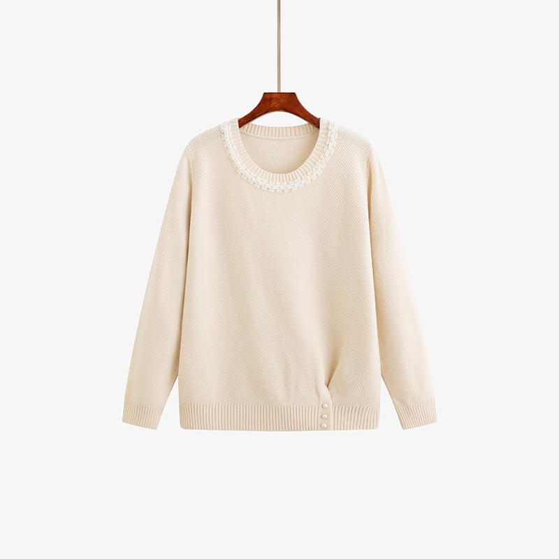 

Plus Size Women s Patchwork Lace Sweater - Long Sleeve Round Neck Winter Knitwear XXXL (180-220 jin) абрикосовый