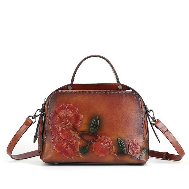 First Layer Cowhide Retro Pillow Bag Artistic Style Embossedhandbags Large Capacity with Boston Women's Bag
