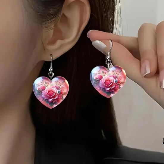 1 Pair Hook Earrings Rose Flower Pattern Heart Shape Charm Drop Earrings Vibrant Color Mother Day Gift Jewelry Accessories