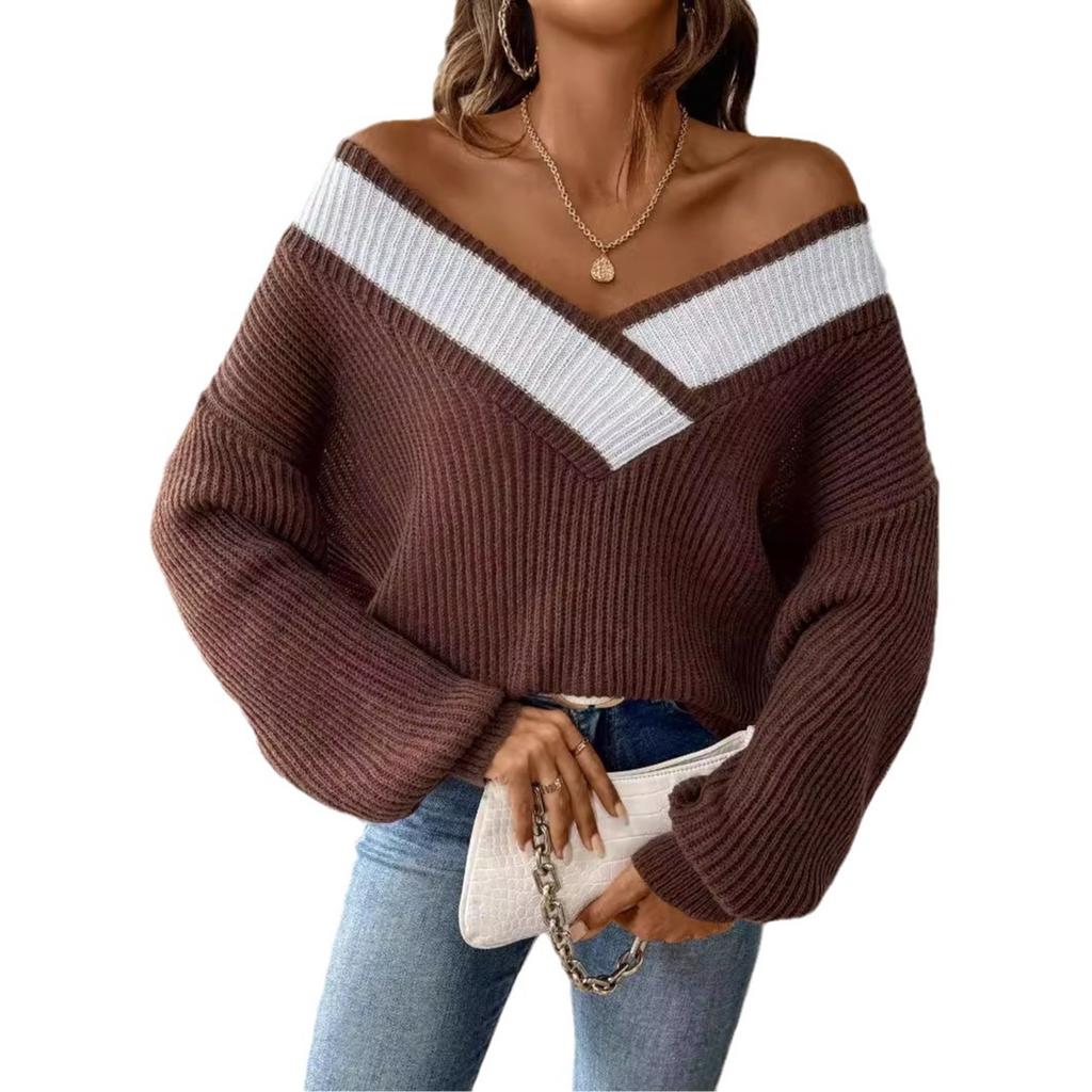 Autumn and Winter Sweater, Women's Clothing, Contrasting Color Splicing, Large V-neck Design, Loose Woven Sweater, Sweater, Pullover Sweater