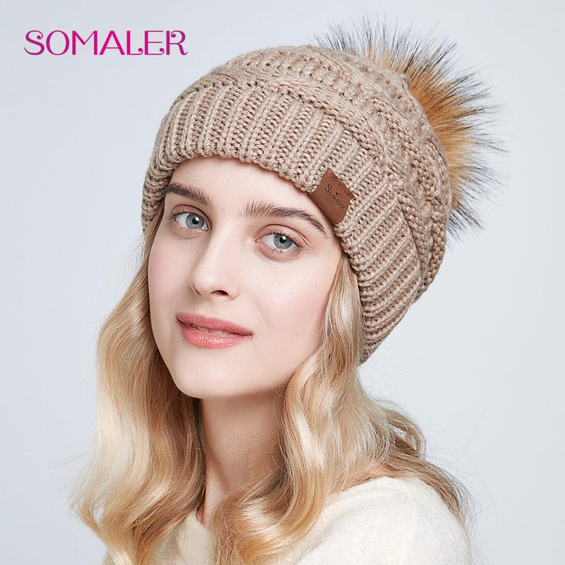 SOMALER Bonnets amples en tricot pour femmes, chapeau chaud, Baggy, casquette de Ski, fausse fourrure, pompon, chapeaux pour dames, hiver