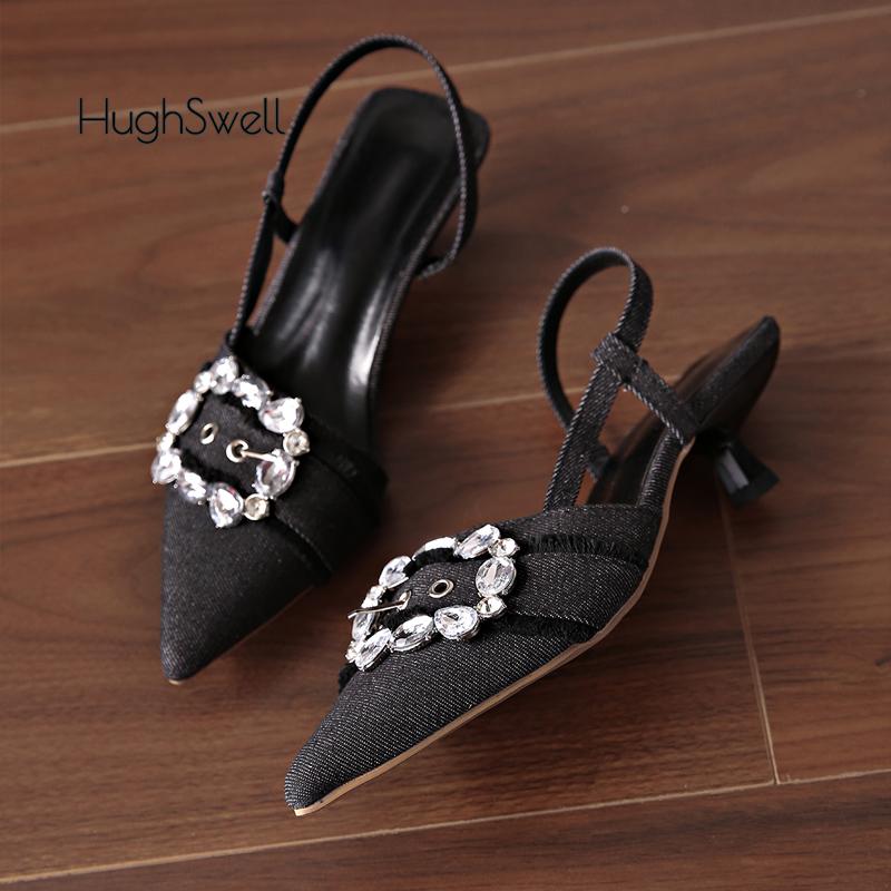 Fashion Luxury Crystal Square Buckle Slingback Sandals Woman Fashion Point Toe Kitten Heel Denim Pump Ladies Bling Rhinestone Party Shoe