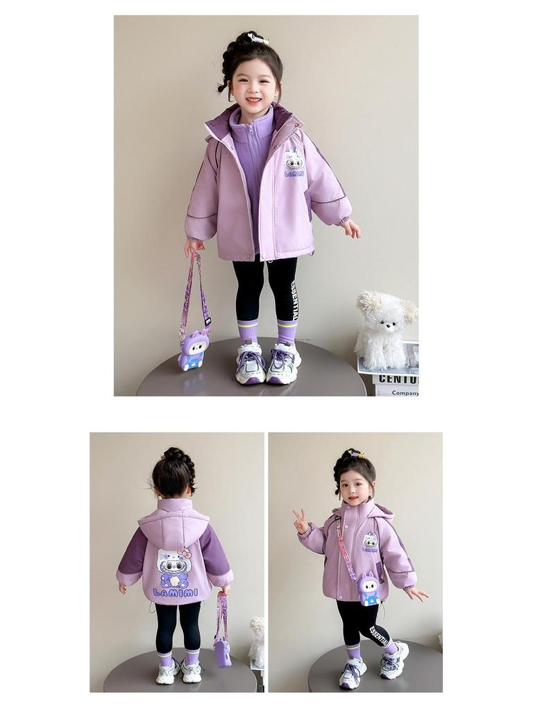 Girls' Fleece-Lined Windproof Jacket Set with Bag for Toddlers/Little Kids, Thick Autumn/Winter Coat with Cotton Lining
