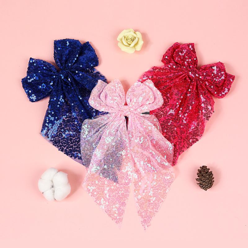 Nou Clip de păr cu fundă mare colorată cu paiete pentru modă feminină, panglică pentru coadă de cal, ac de păr, clip BB, accesorii de păr pentru fete