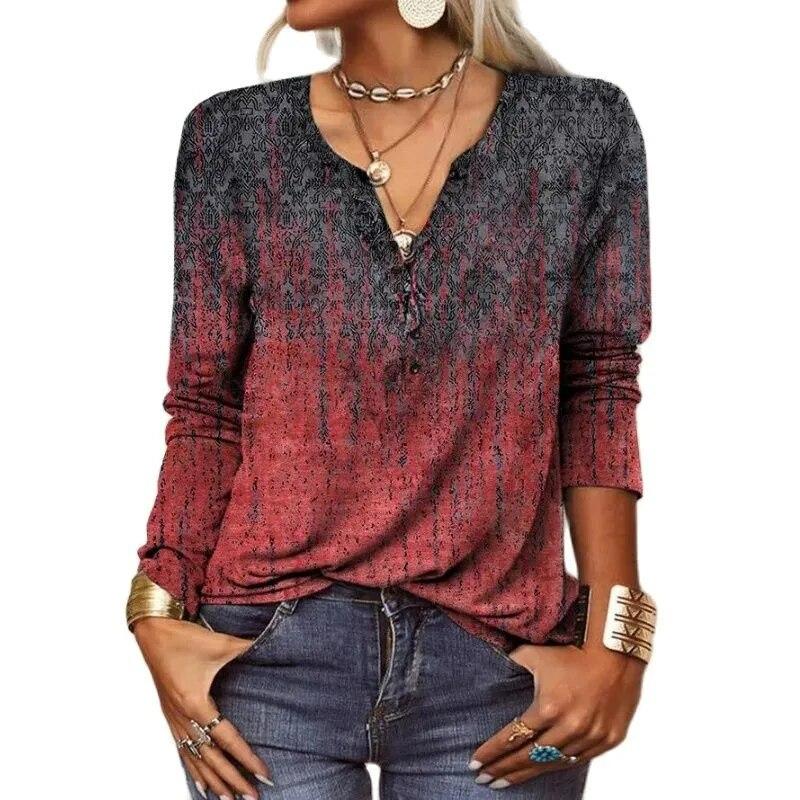 2024 Autumn/Winter Loose and Comfortable Mini Women's Long Sleeve Printed V-neck Fashion T-shirt Women Long Sleeve Top