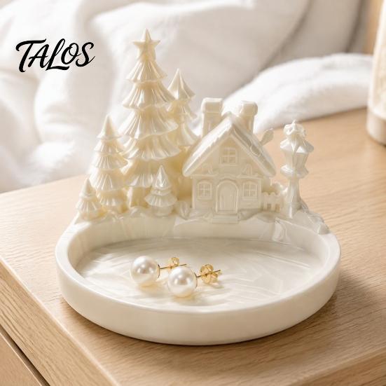 Christmas Jewelry Tray Winter Village Tray, 3D Printed Snow House Pine Tree Decorative Dish, Wonderland Desk Decor Mini Desktop Organizer for Key Ring