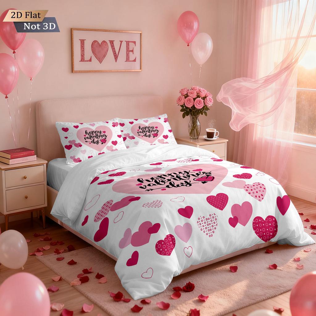 3pcs Valentine's Day Pink Romantic Love Printed Coreless Down Duvet Cover Set Multi Size Bedding Holiday Decoration