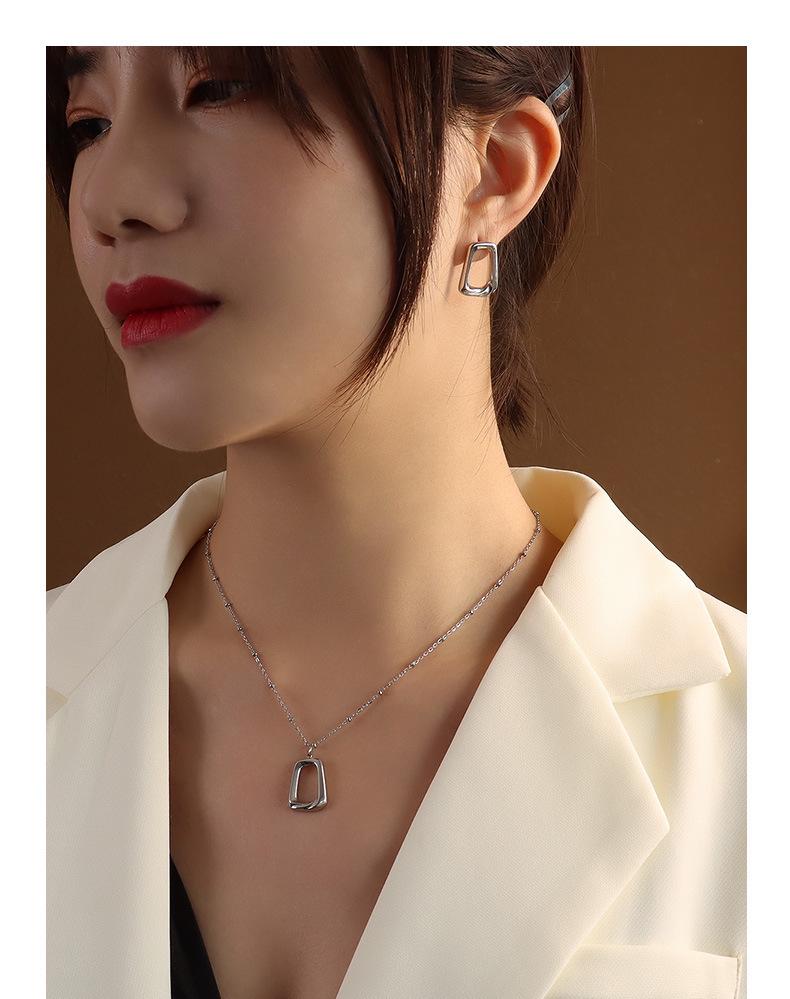 Marka French Geometric Square Necklace & Clavicle Chain Set with 18k Gold Titanium Steel Earrings Studs