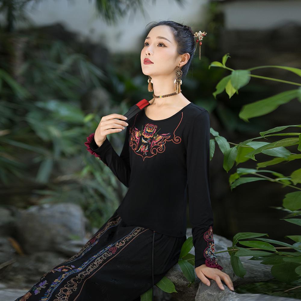Women's Slimming Ethnic Embroidered Ruffle T-shirt